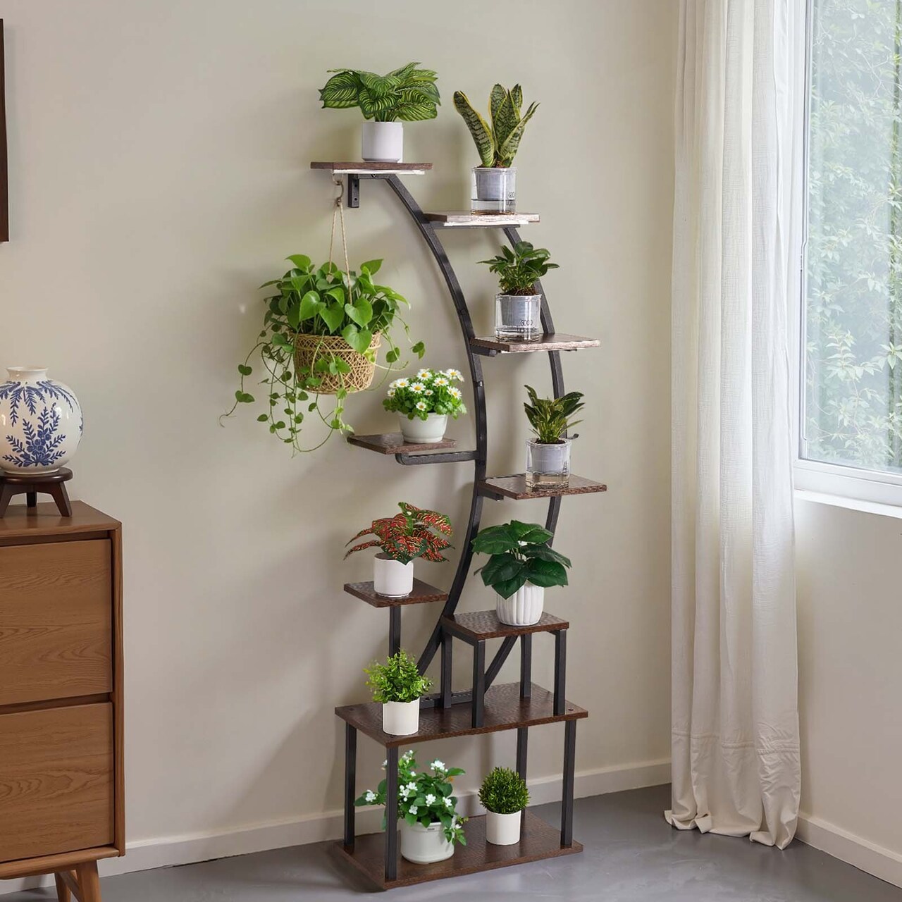 63" Tall 9-Tier Indoor Plant Stand with LED Grow Lights and Adjustable Brightness Timer